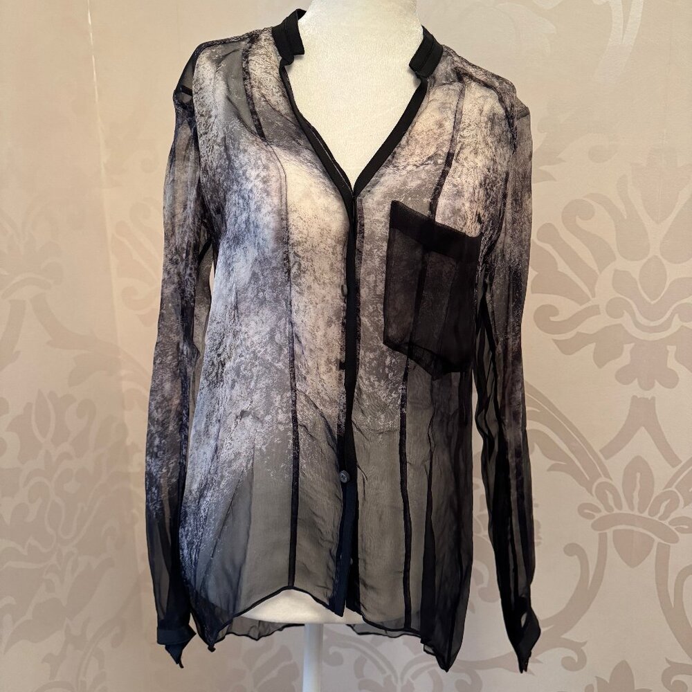 Helmut Lang Sheer Patterned Blouse w/ Leather Trim - Size S